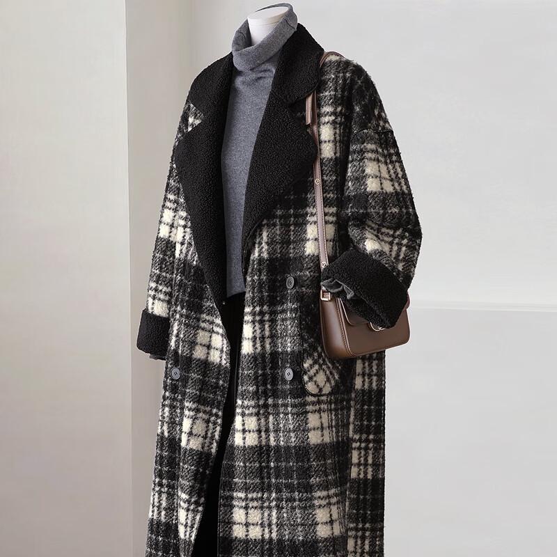 Women's Contrast Plaid Loose Fit Wool Coat