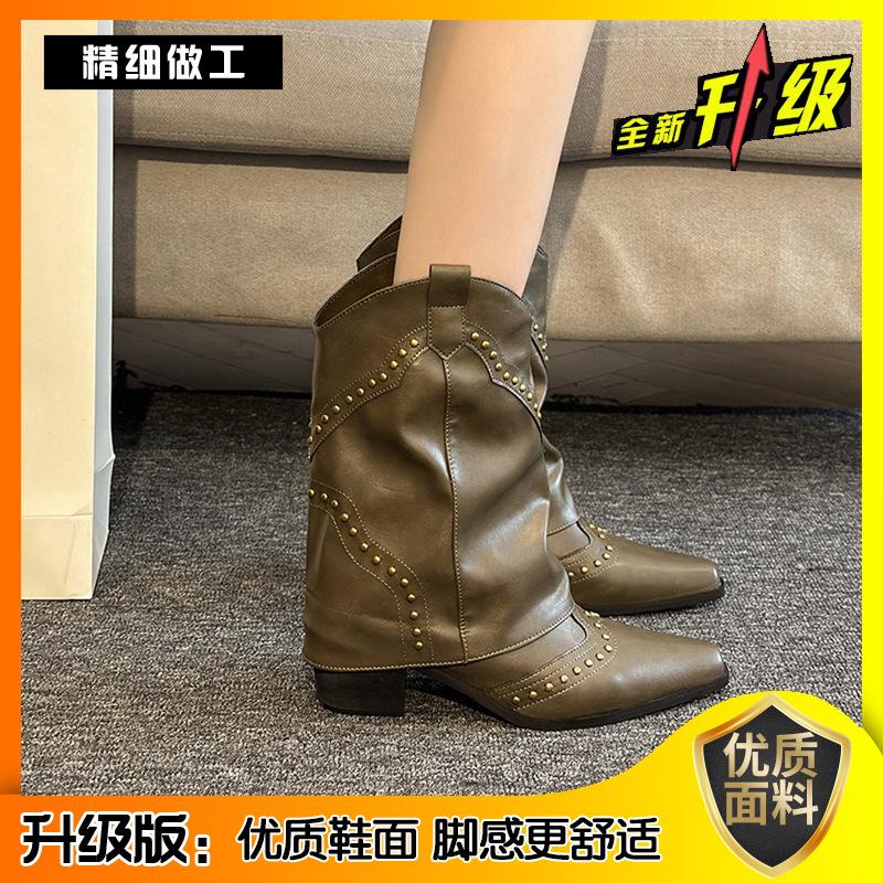 Western cowboy boots thick heel short boots women's 2025 new autumn knight boots pointed rivets retro trouser boots
