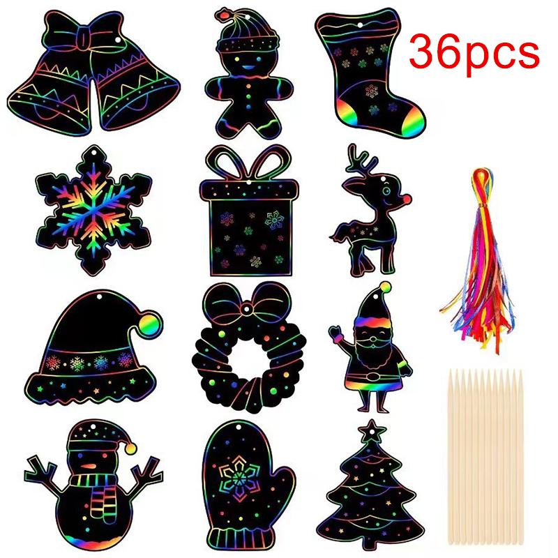 12/24/36Pcs Christmas Scratching Card DIY Art Painting Graffiti Art Christmas Tree Decoration Xmas Children Gift Festival Home Decor