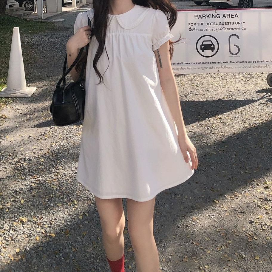 First love small white dress spring 2026 summer sweet age-reducing doll collar short-sleeved dress small loose skirt
