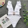 Sexy One Piece Swimsuit White Deep-V Neck Swimwear Women Black Beach High Cut Ruffles Monokini Buckle Bathing Suit Bodysuit