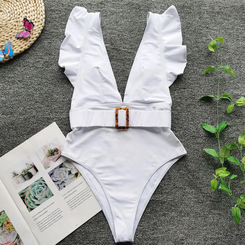 Sexy One Piece Swimsuit White Deep-V Neck Swimwear Women Black Beach High Cut Ruffles Monokini Buckle Bathing Suit Bodysuit