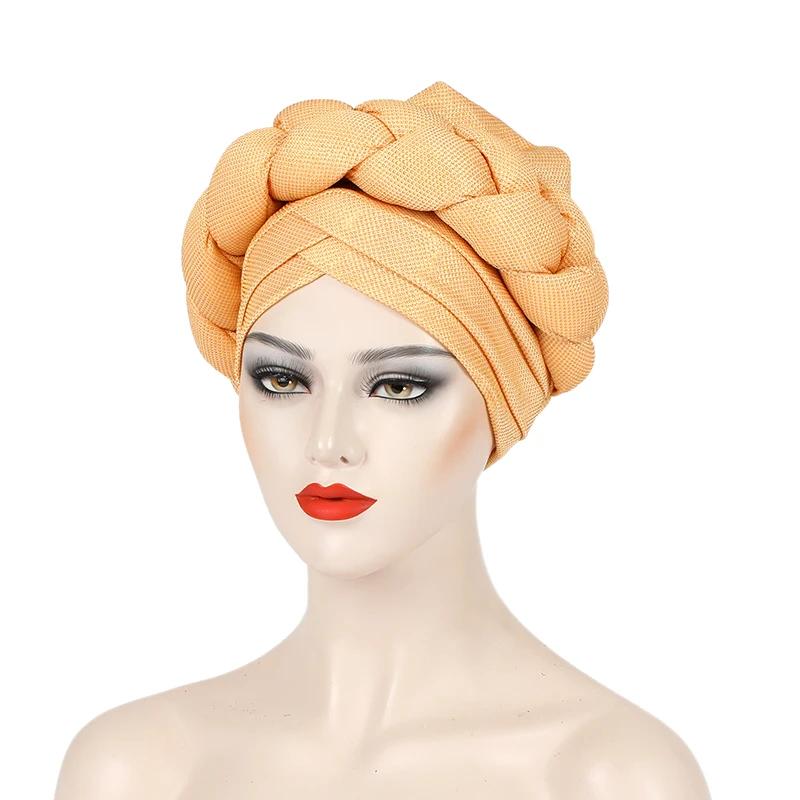 

Big Braid African Female Head Wraps Bonnet Nigeria Already Made Headtie Turbante Glitter Gold Thread Fabric Turban Cap For Women