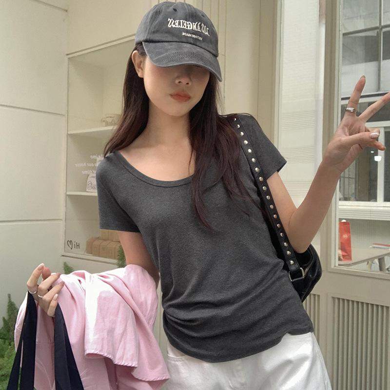 Selling Elastic U-neck Short-sleeved T-shirt for Women In Spring and Summer New Versatile Solid Color Shoulder Ins Trendy Casual