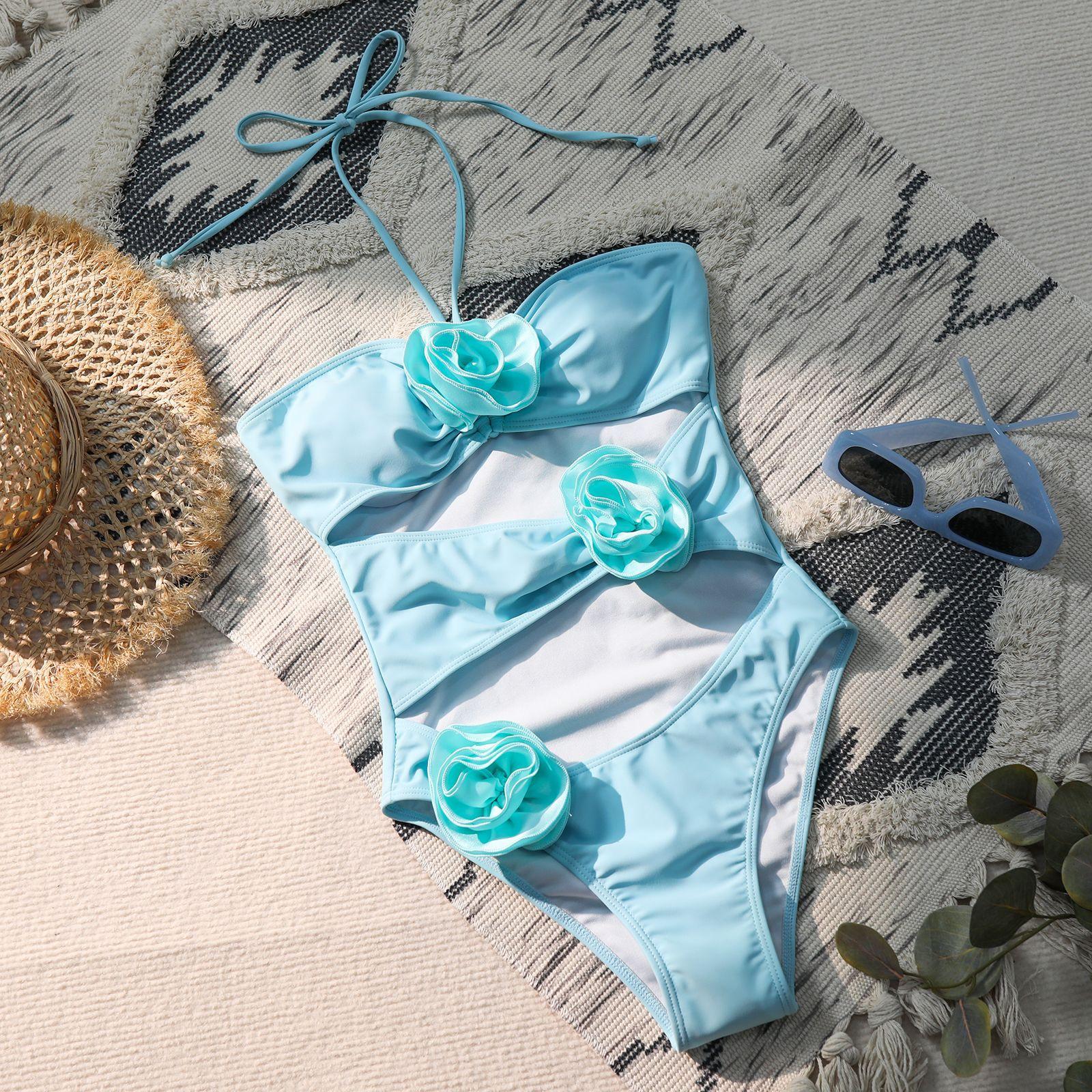 

Новинка 2024 года, купальник с 3D цветком, женский цельный купальник с лямкой на шее и открытыми плечами для женщин, купальный костюм, синий, черный, белый цвет, монокини XL синий