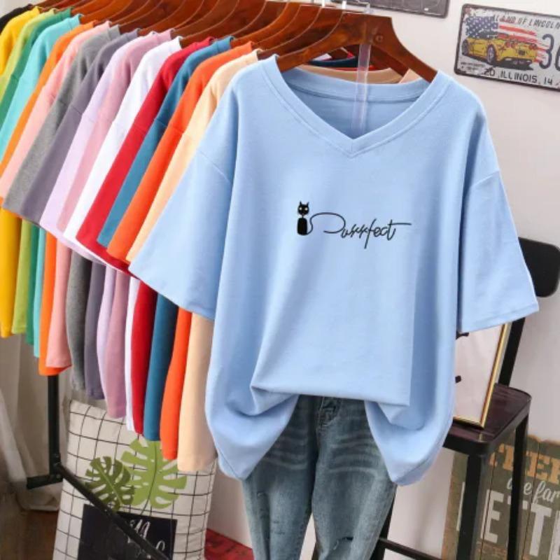 Short-sleeved T-shirt for Women, Large Size, Loose and Slimming, Printed V-neck Top
