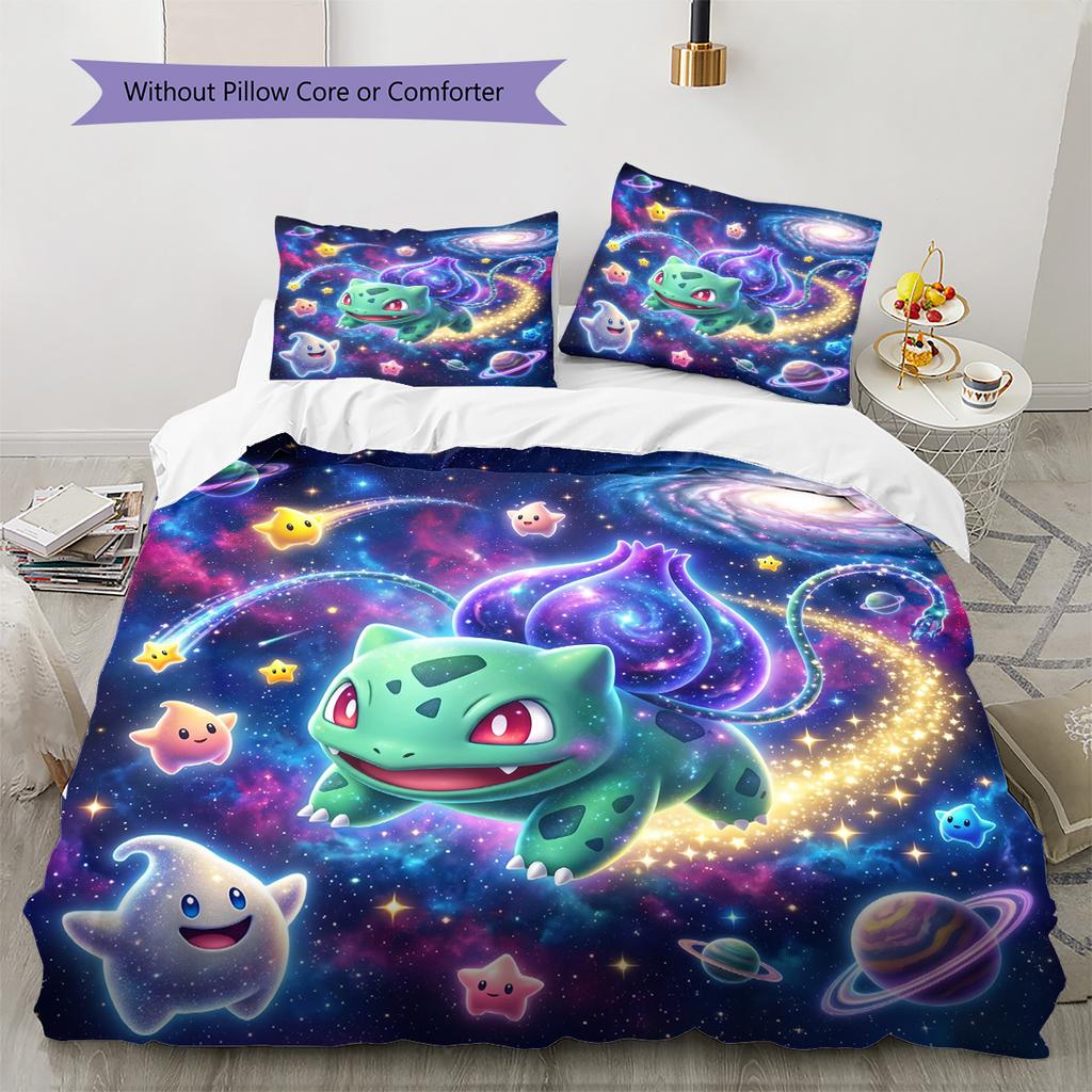 Bulbasaur Pattern Bedding Quilt Set Quilt Cover Pillowcase Home Decoration Birthday Gift (1 * duvet cover + 2 * pillowcase, without core)
