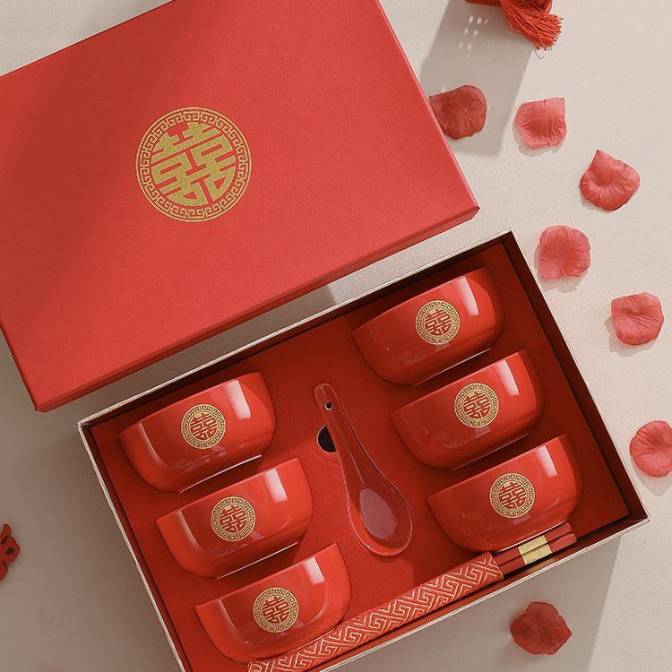 Chinese Wedding Red Bowls & Chopsticks Set: Bride Dowry Gift Pair