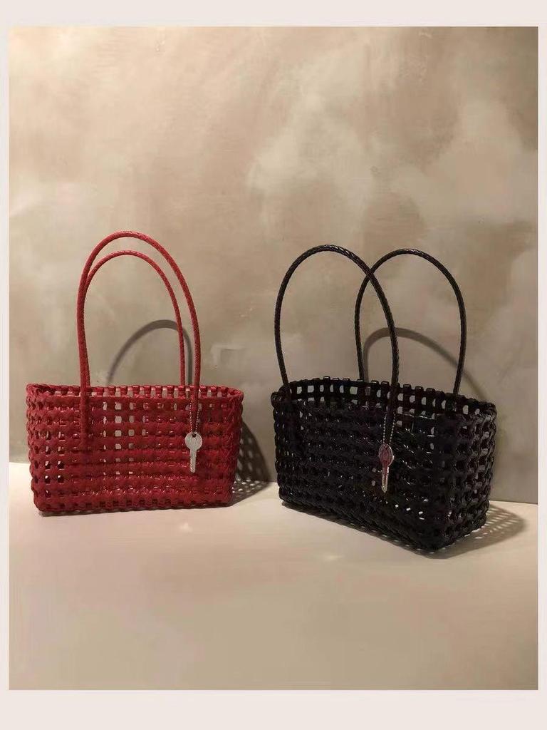 Korean Openwork Woven Beach Handbag with Key Charm