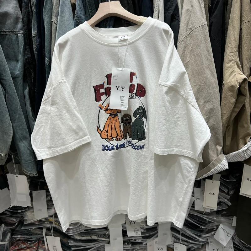 Womens White Cartoon Dog Print Short-Sleeve Crew Neck T-Shirt M белый