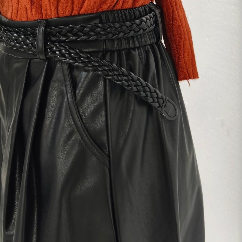 Qooth PU Leather Skirt with Pockets High-Waist Faux Leather Belted Skirt Women's Functional Fashion Skirt QT2984