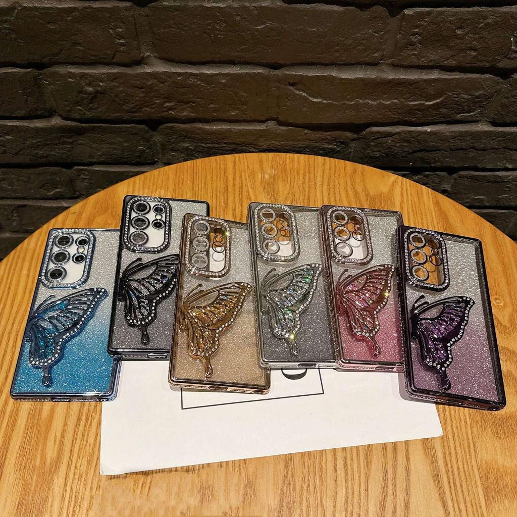 Suitable for Samsung S25ULTRA Electroplated Rhinestone Frame Glitter Butterfly Stand Mobile Phone Case A55 Full Inclusive Lens Film