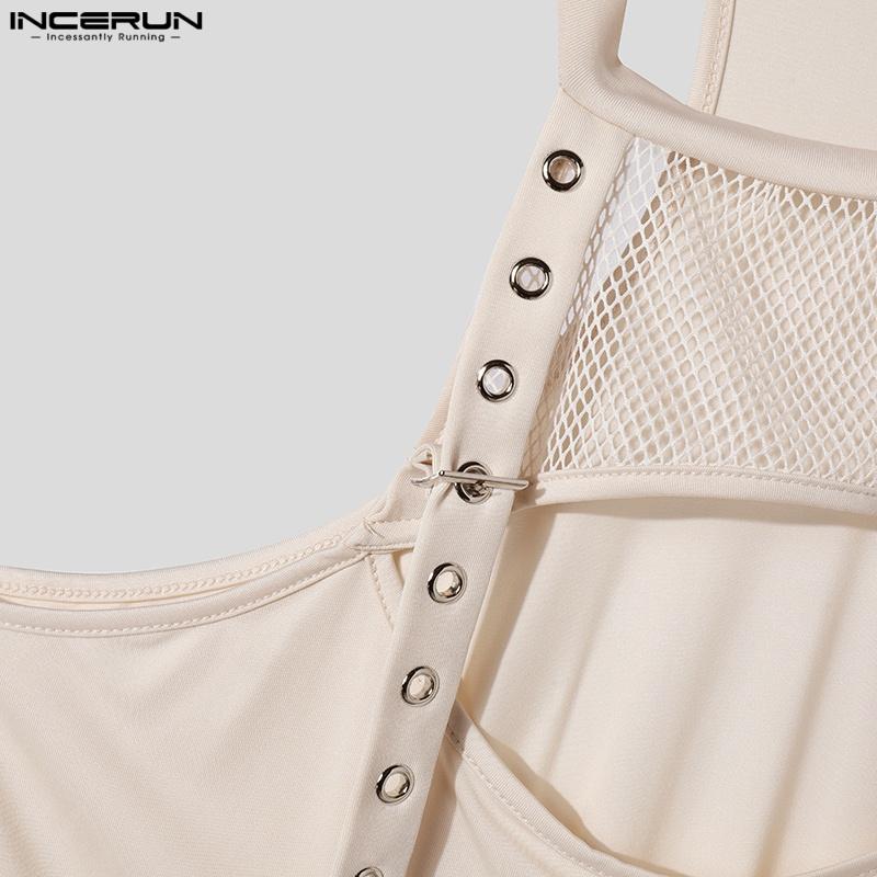 INCERUN Men Summer Strap Sleeveless Mesh Hollow Patchwork Cutout Fitted Tank Tops