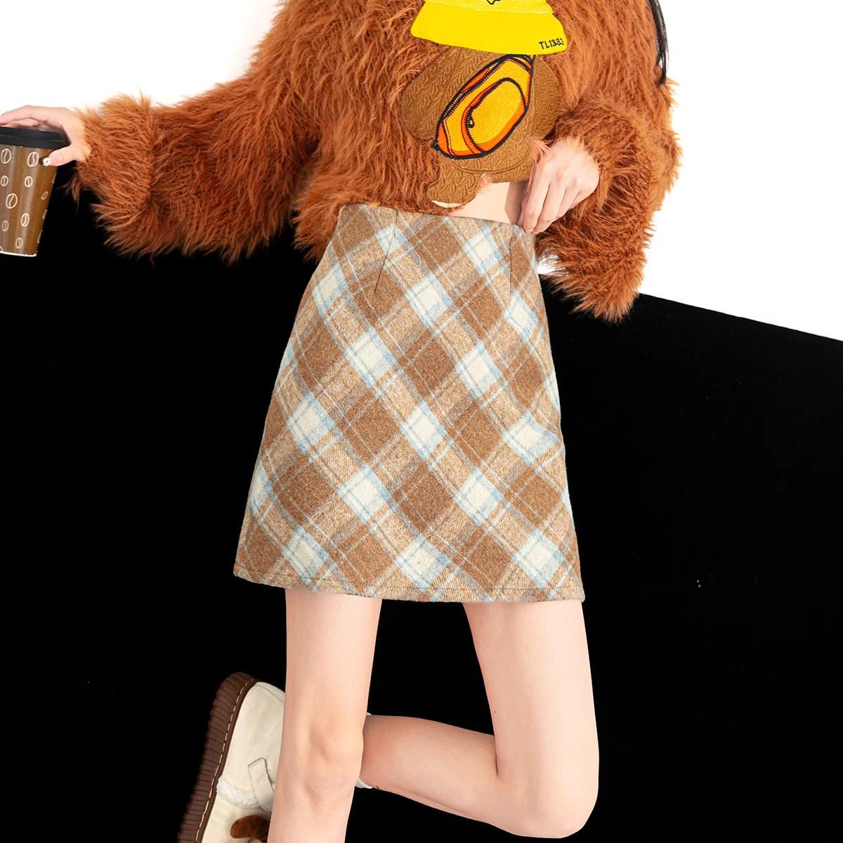 Women s Autumn/Winter Plaid Woolen Petite A-line Bodycon Skirt 2XL [66-70 kg]