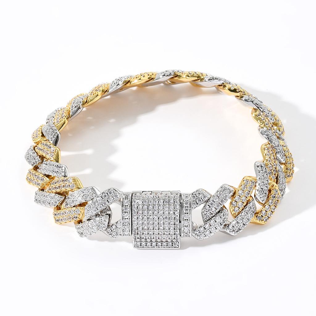 Modeschmuck Hip Hop 14mm Flaches Kubanisches Gliederkettenarmband Bling CZ Iced Out Rhombus Zweifarbig Miami Kubanische Kette Armband