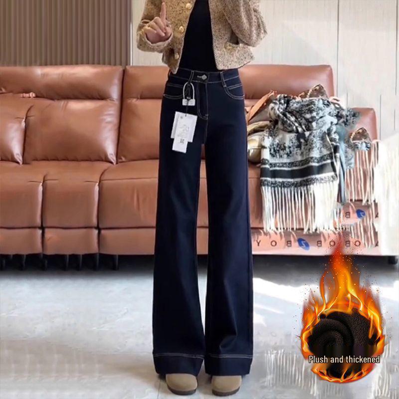 2025 Petite Women s Slimming High-Waisted Micro-Flare Velvet Jeans in Deep Blue for Autumn/Winter XXXL