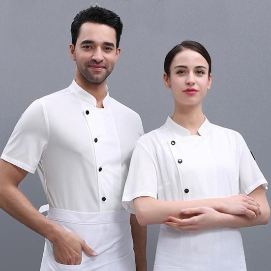 Unisex Chef Shirt Kitchen Single-breasted Short Sleeve Stand Collar Stain-resistant Loose Kitchen Bakery Restaurant Canteen Waiter Top Cook Uniform