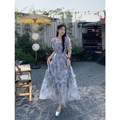Blue Retro Floral Square Neck Dress with Earrings - Women's Summer Style, Slimming Waist, Long Length, Fairy Forest Look.