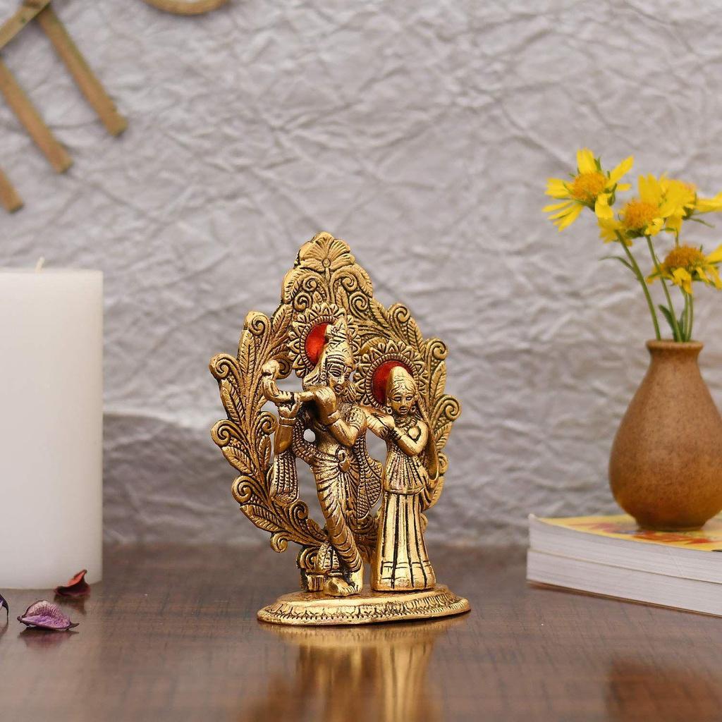 Gold Plated Metal Radha Krishna Statue - Radha Krishan Idol Showpiece Figurine for Home Office Temple Pooja Decor Gift (Set of 1)
