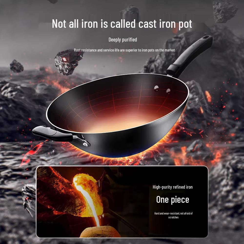 Supor Large Iron Round-Bottom Wok, No Coating, 32cm/34cm