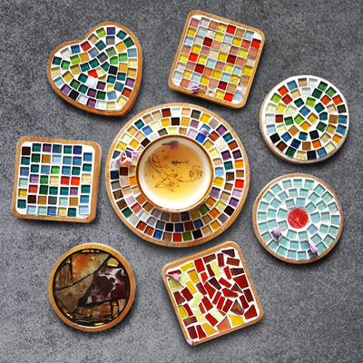 Wooden Round Cup Coaster DIY Children's Educational Toys Material Tray Mosaic Tiles Heart Square Coaster Cup Mat Placemat Gift