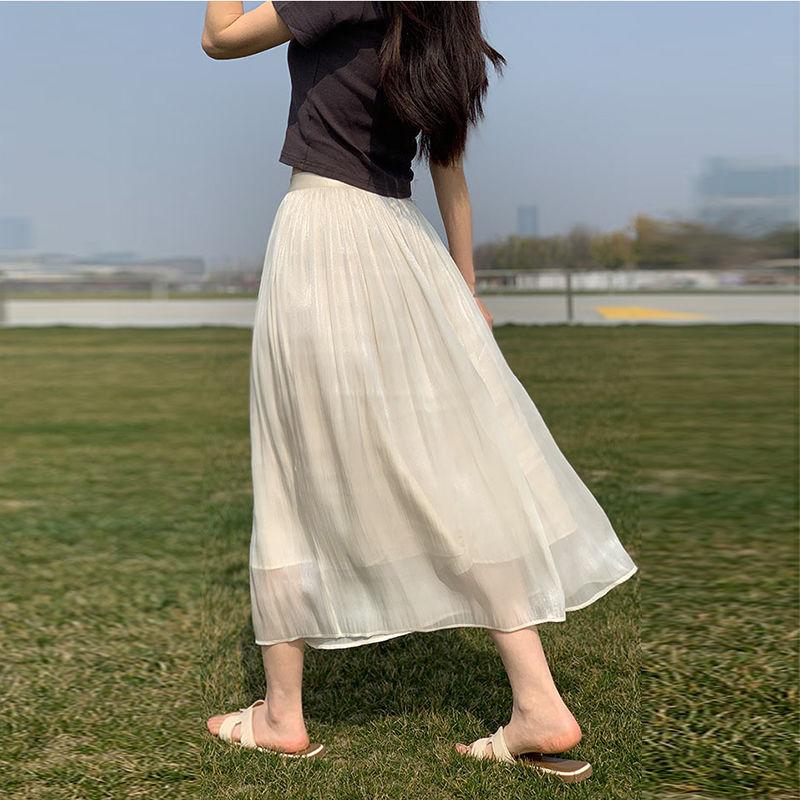 

Женская всесезонная юбка миди А-силуэта из шифона и сетки с плиссировкой и высокой талией - Драпирующаяся, мерцающая, полупрозрачная юбка с универсальной элегантностью XL