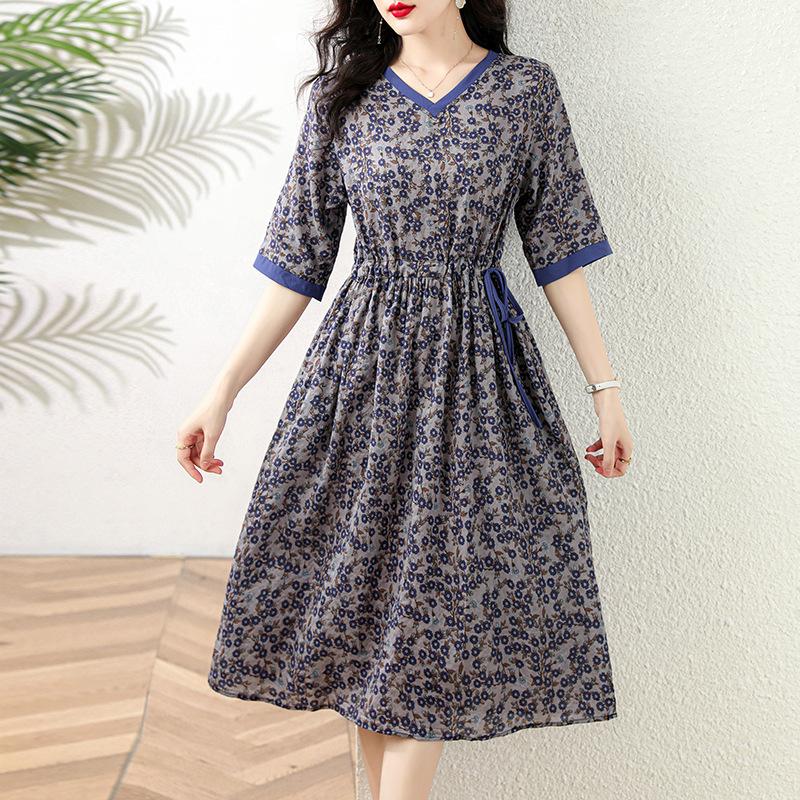 Cotton and linen printed dress women's summer temperament lace-up loose and thin medium and long dress