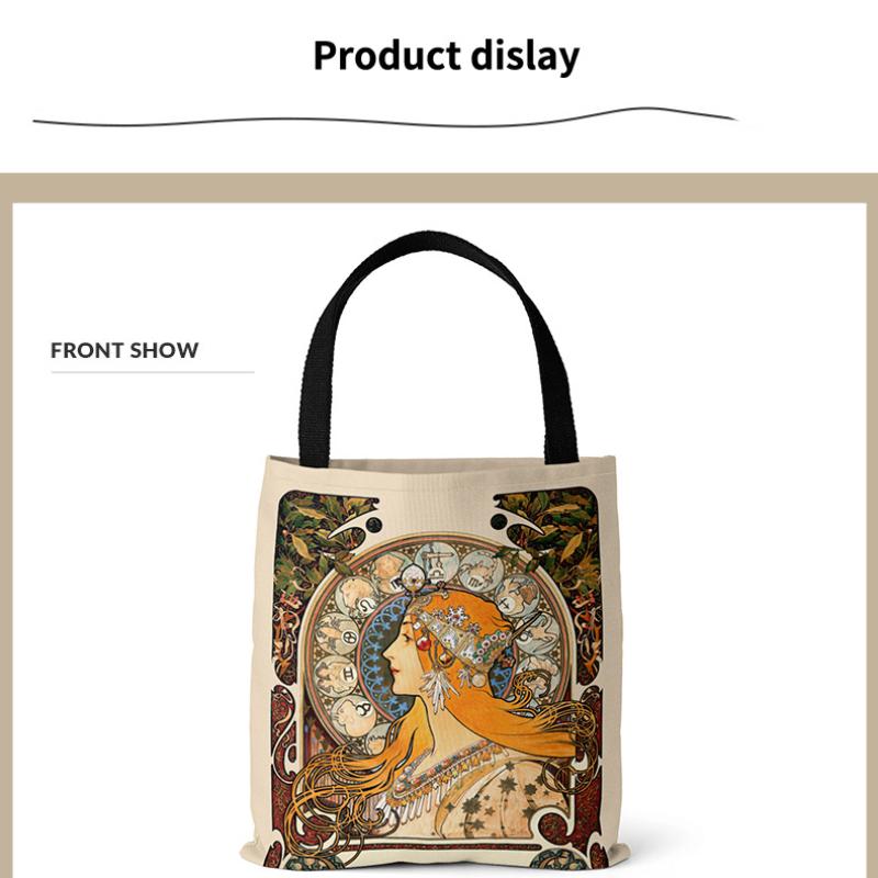 Mucha-serien bildaffisch Canvas tygväska Retro handväska Axelväska Digitaltryck Damväska med topphandtag