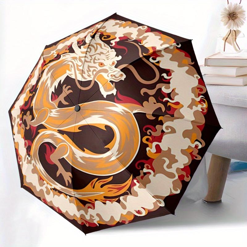 1pc Dragon Flames Automatic Open/close Folding Compact Umbrella, 8-Rib Sturdy Canopy, Lightweight Portable, Everyday Use, Gift,121
