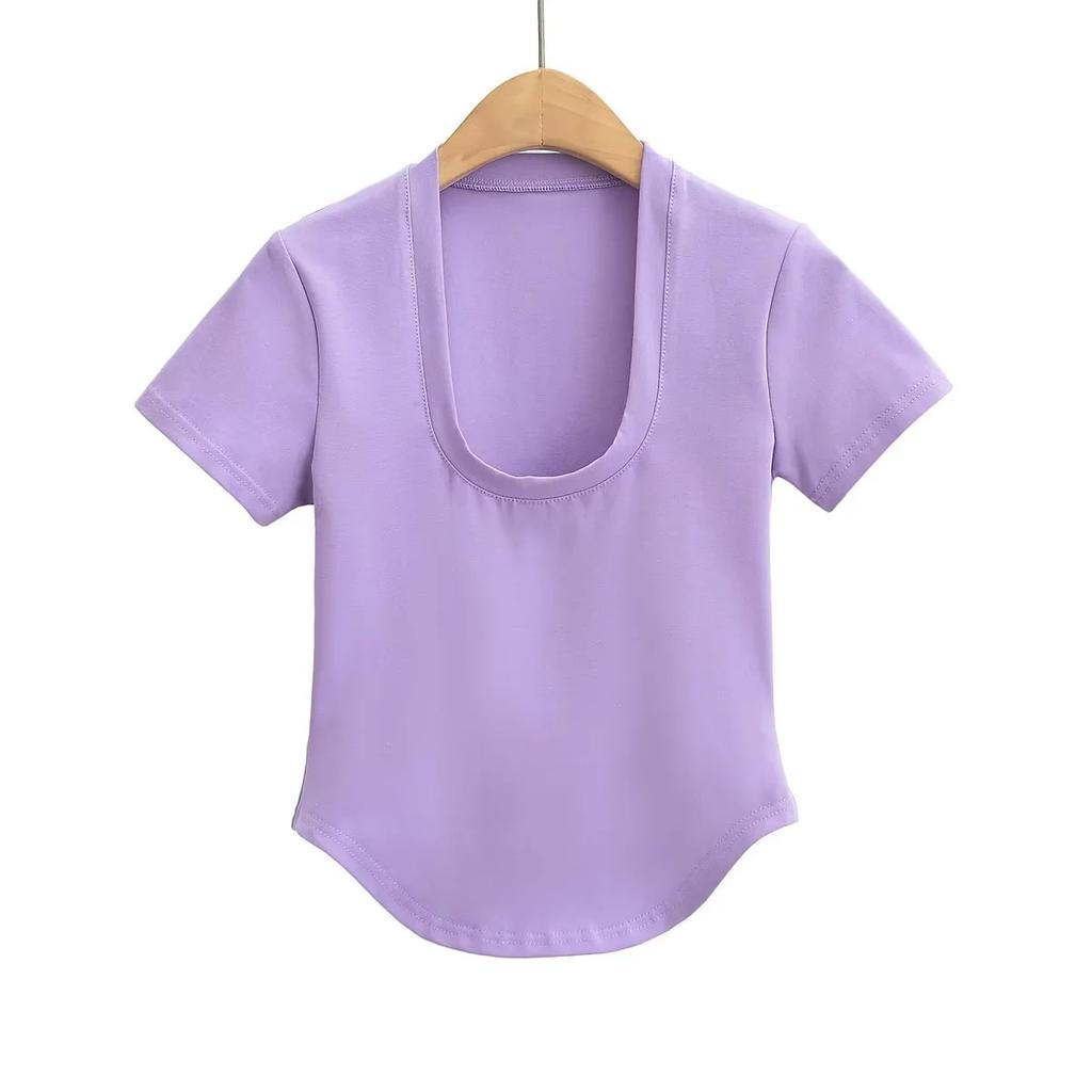 American Summer New Style Chest Revealing U-Neck Slim Fit Short Sleeved Top Sexy Slim Fit Revealing Short Curved Hem T-Shirt