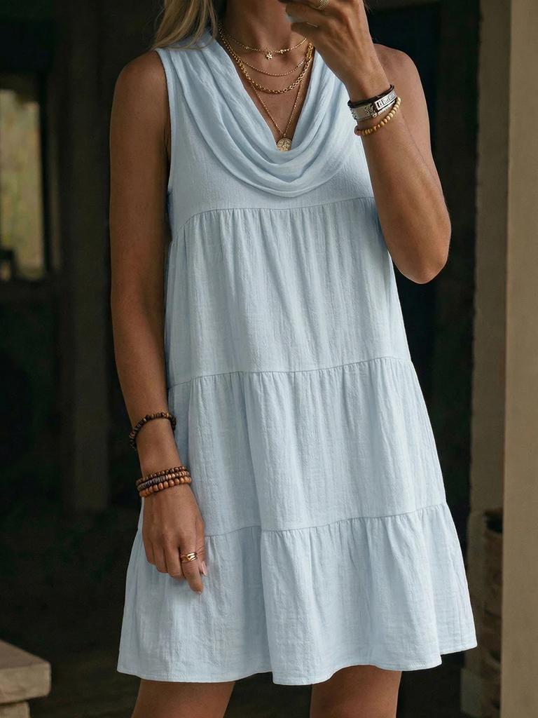 Damen ärmelloses gestuftes Rüschenkleid Hellblau Stehkragen Freizeitkleid