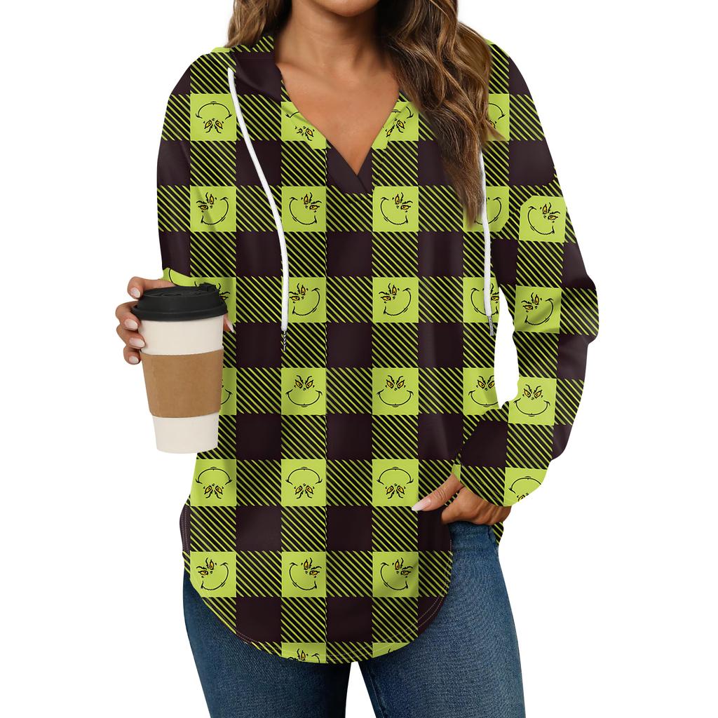 Women's Fashion Hoodies V Neck Long Sleeve Christmas Printed Drawstring Casual Loose Pullover Tops