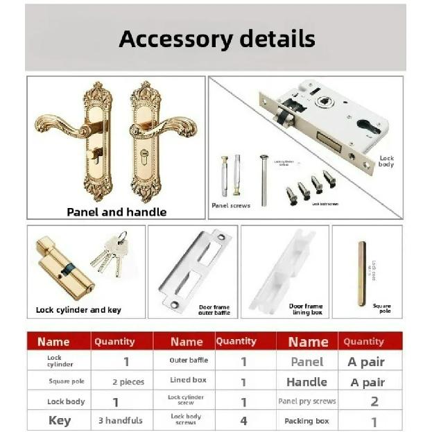 European Gold Interior Door Lock, Bedroom Silent Room Lock, Wooden Door Split Handle Lock золотистый