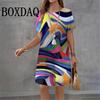 New Dresses Women Outdoor Fashion Short Sleeve Abstract Animal Cat Pattern Print Dress Casual Loose A-Line Dresses