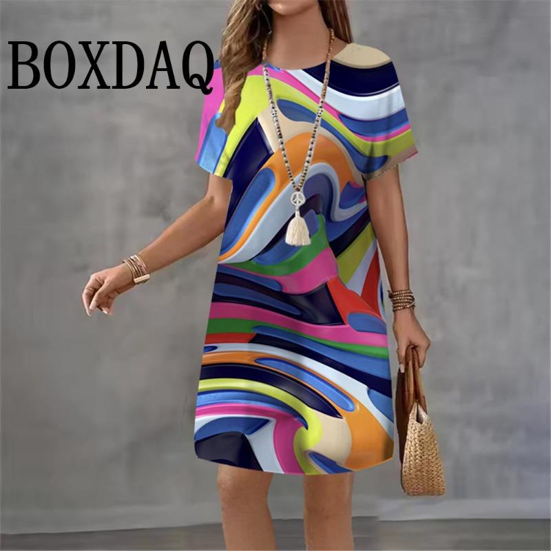 New Dresses Women Outdoor Fashion Short Sleeve Abstract Animal Cat Pattern Print Dress Casual Loose A-Line Dresses