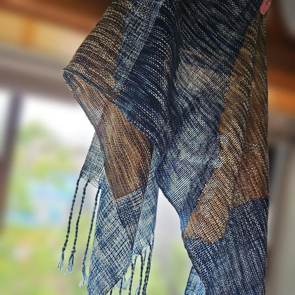 Used New, hand-woven stole, navy (indigo dye) and dark gold