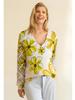 Women's Off-White V-Neck Knit Sweater with Blue Floral Pattern and Lace-Up Sleeve Detail