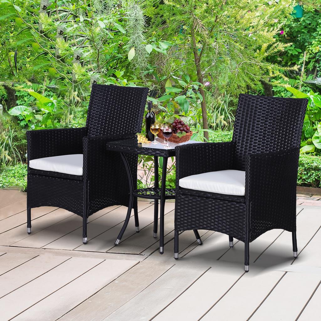 3 Pieces Rattan Bistro Set, Wicker Garden Furniture Set with 2-Tier Coffee Table and Chairs, Cushions, for Outdoor Patio Balcony, Black