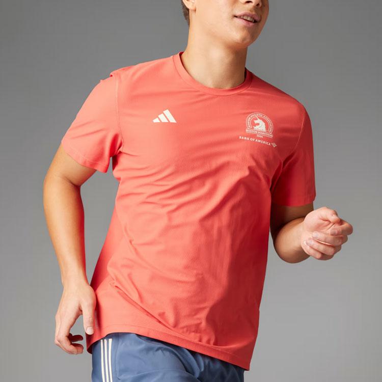 Adidas Boston Marathon 2024 Own The Run Tee Three Stripe Logo Print Crew Neck Short Sleeve T-Shirt Men Tops Red IS9544