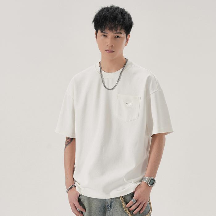 Chest Pocket Short Sleeve Heavy 300g Loose Casual and Versatile Shoulder Line Wear T-shirt for Men