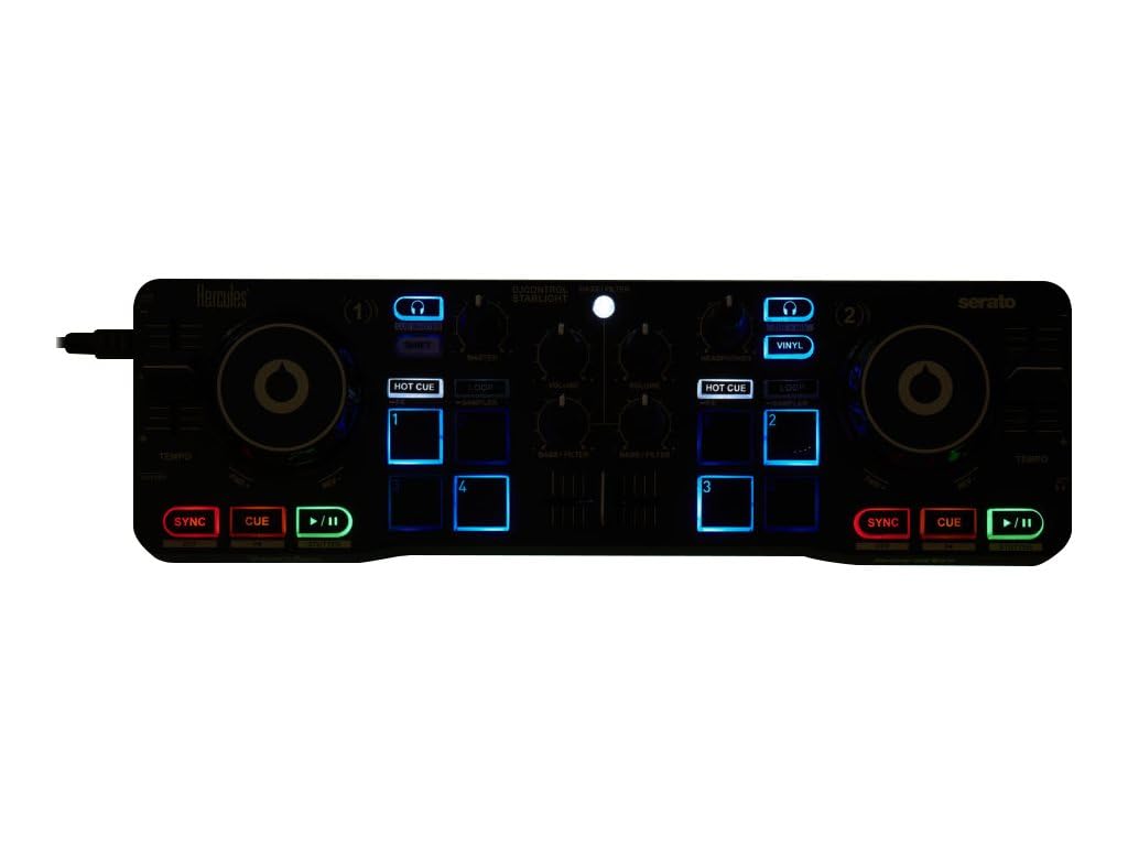 Hercules DJControl Starlight Compact DJ Controller with LED Lighting Compatible with Serato DJ Lite