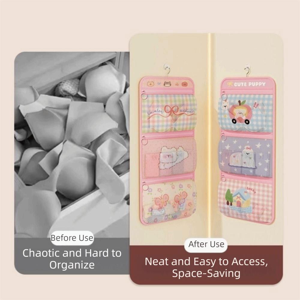 Cartoon Style 3-Layer Hanging Storage Bag Space Saving Mesh Pockets Underwear Storage Hanging Bag Breathable with Hanger