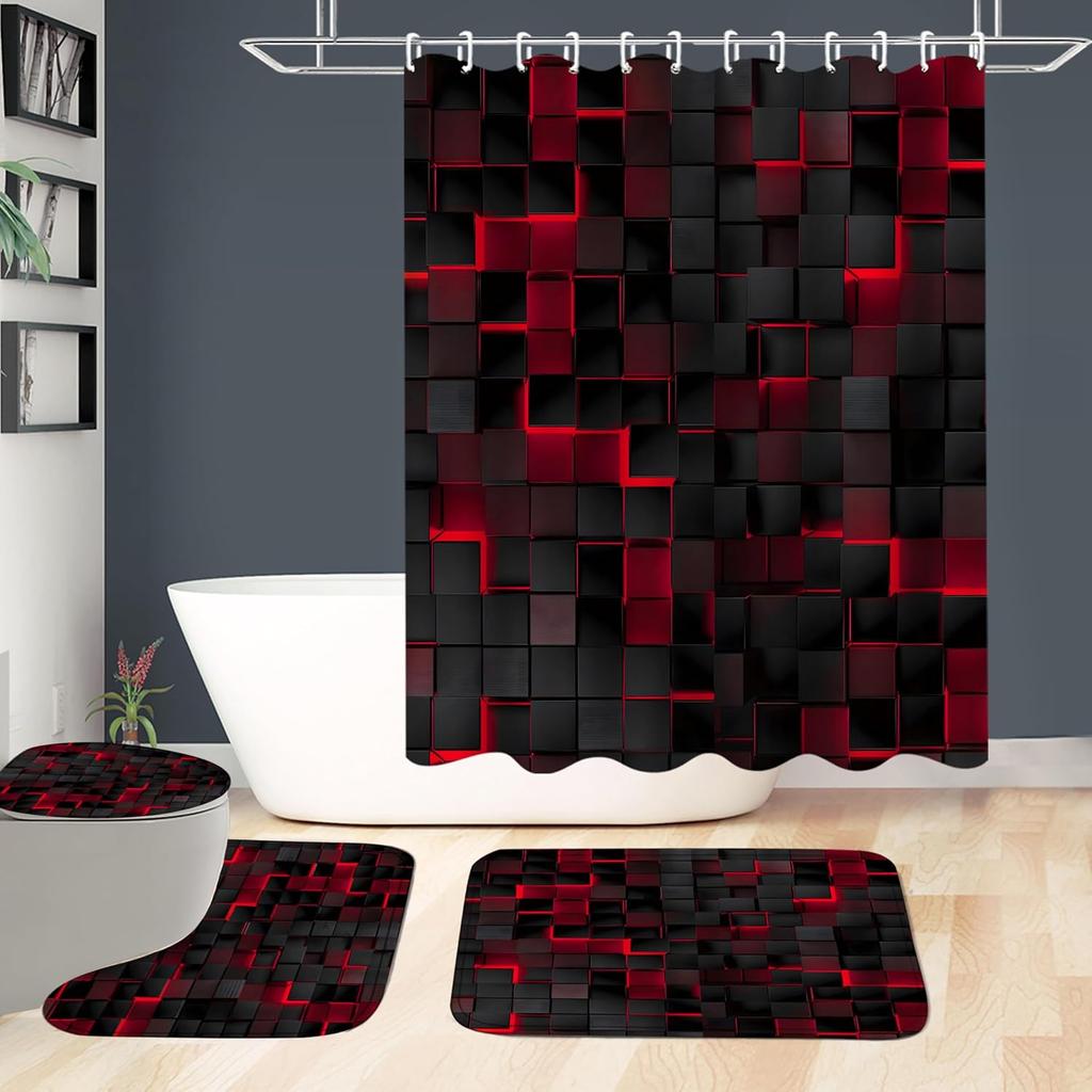 Red Grid 3D Visual Geometry Art Shower Curtains Washable Fabric Polyester For Bathtub Art Bathroom Decor With Hooks Waterproof