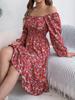 Elegant Floral Square Neck Long Sleeve Waisted Ruffled A Line Midi Dress For Women