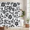 1 Elegant black and white floral shower curtain with stylized flowers and leaves, with hooks, machine washable polyester