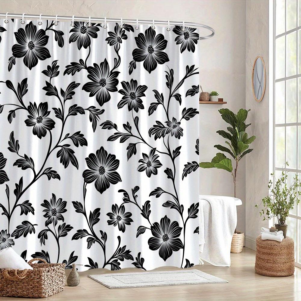 1 Elegant black and white floral shower curtain with stylized flowers and leaves, with hooks, machine washable polyester