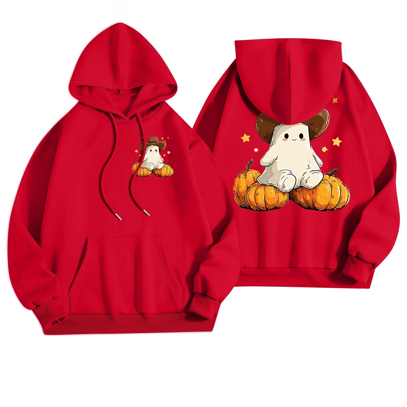 

Women s Casual Fashion Halloween Printed Leisure Hooded Sweatshirt With Pockets XL червоний