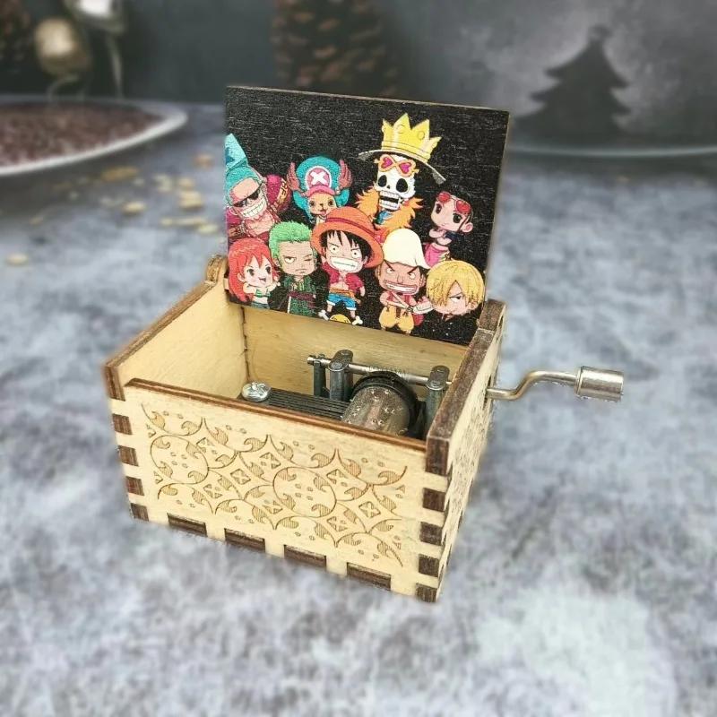Anime One Piece Music Box Vintage Laser Engraved Wooden Hand Crank Music Box Room Decor Halloween Birthday Fans Toy Gift