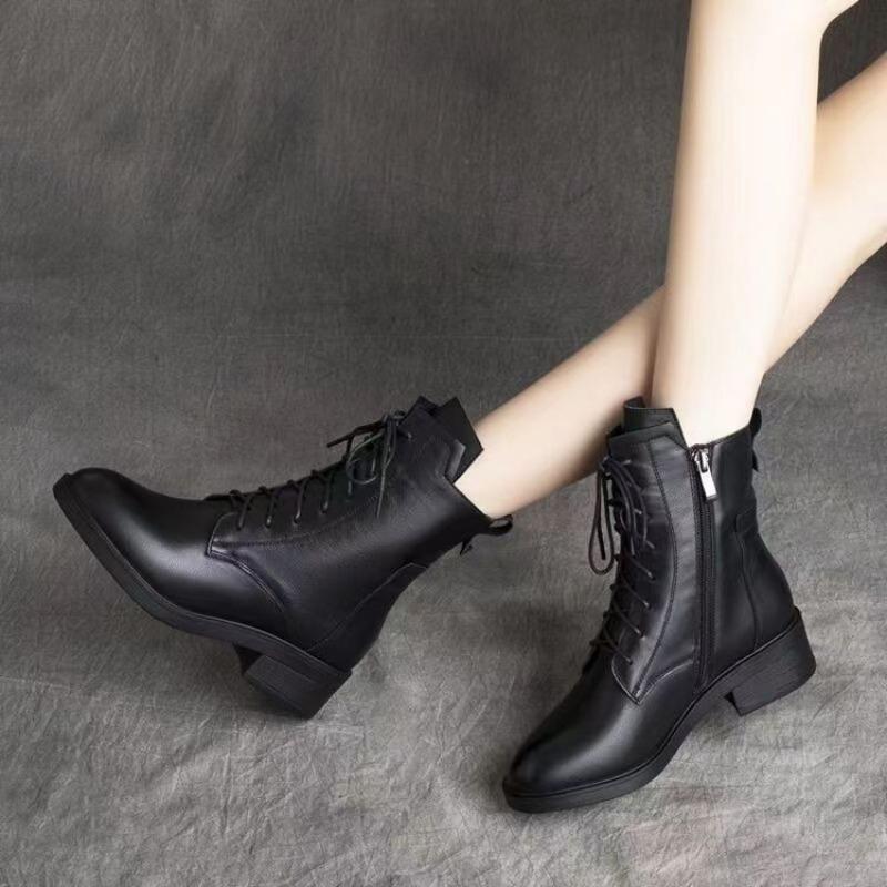 New Versatile Soft Leather Boots, Women's Shoes, Mid-heel Fleece Boots and Ankle Boots