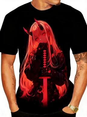 Gothic anime character long purple hair, black horns, pink red eyes, glowing sword pattern T-shirt S
